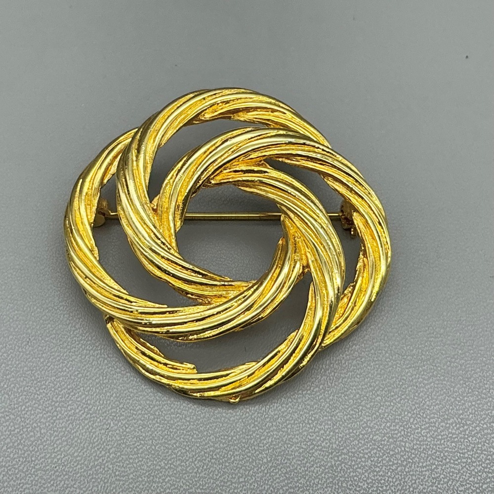 Twisted Rope Knot Brooch Pin Women Gold Tone Textured Round Circular Jewelry